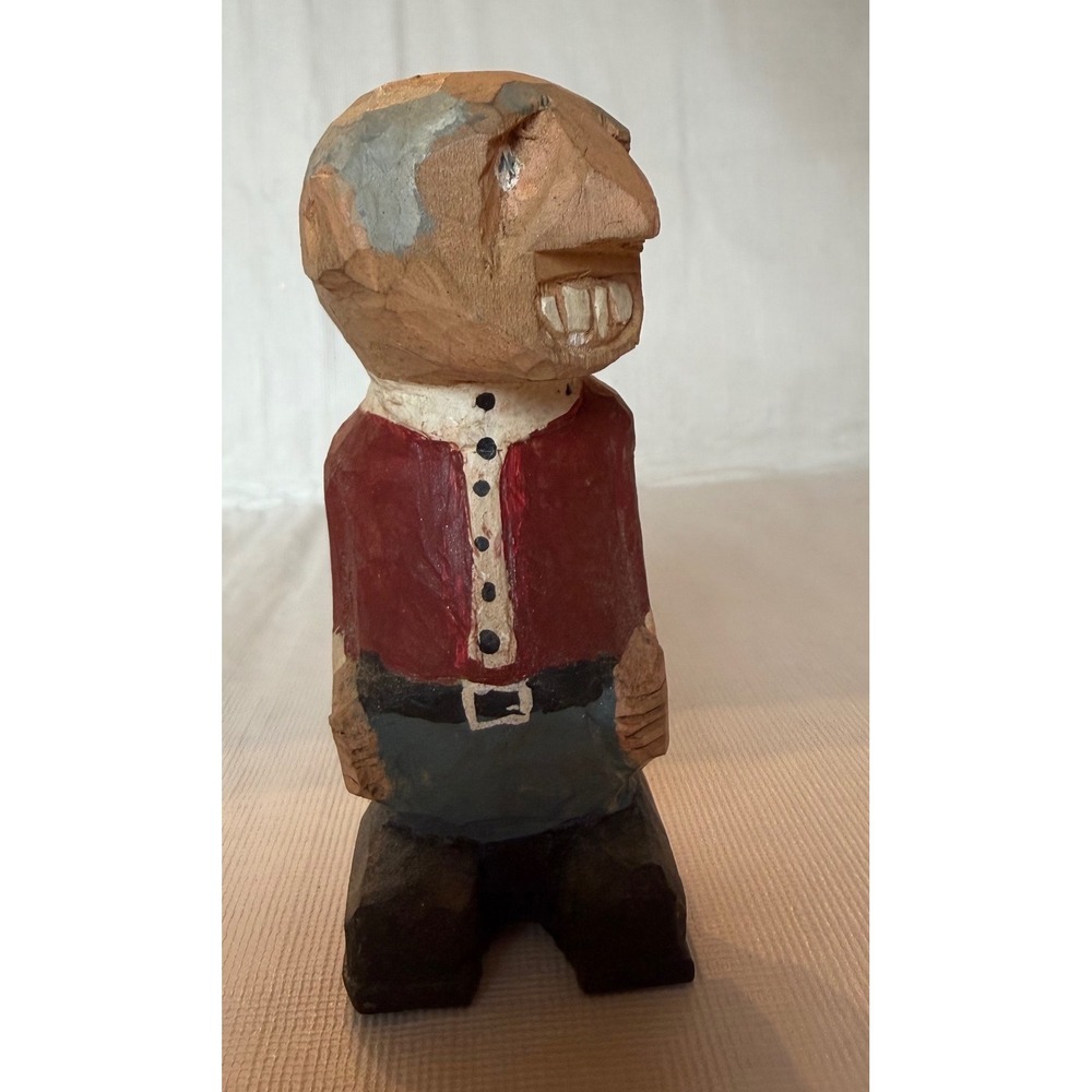 Hand Carved Wooden Figurine Old Man Folk Art Whimsical 1993 Signed E Hand Unique